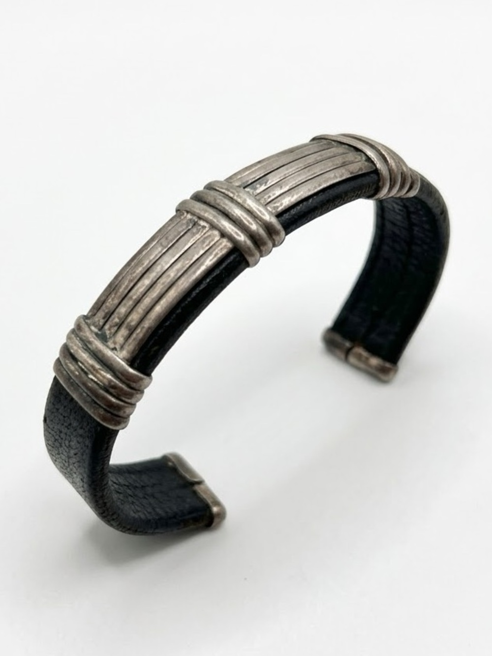 Vintage Mexican Sterling Silver 925 Black Leather Cuff Bracelet